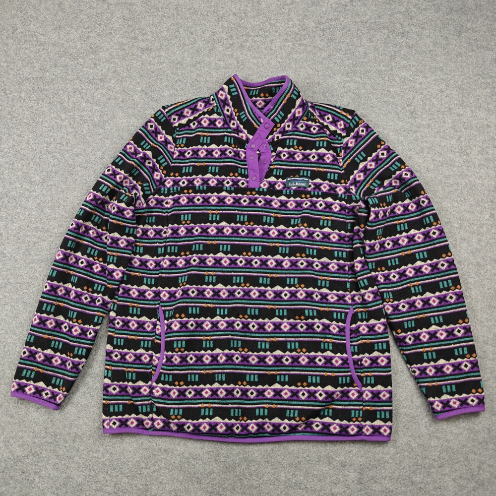 L.L. Bean Sweater Womens XL Extra Large Black Fair Isle Henley Lightweight